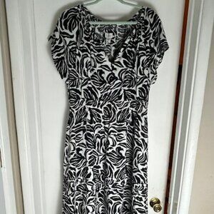Nicole Miller NY Black & White Linen Blend Midi Dress XL Floral Casual Tiered